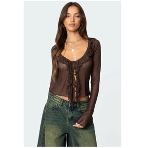 Edikted Sheer Mesh Ruffled Top